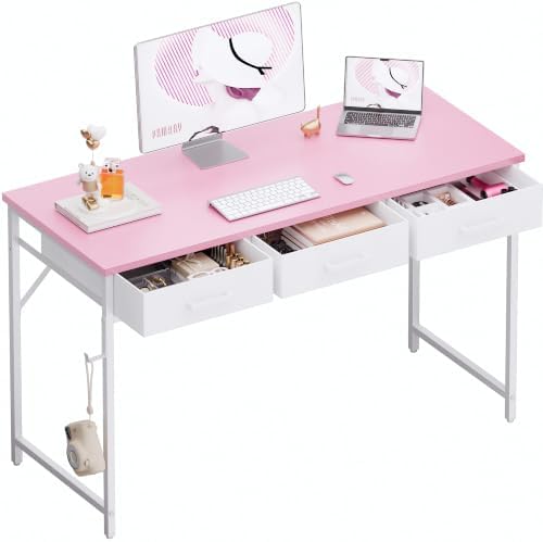 Pamray 47 Inch Small Computer Desk with 3 Drawers for Bedroom Study Writing Home Office Table for Small Spaces Pink