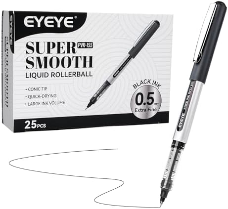 EYEYE 0.5mm Black Rollerball Pens 25 Pack, Extra Fine Point Roller Ball Pen Quick Dry, Liquid Ink Pens Fine Point Smooth Writing Pen for Journaling, Note Taking, Office, School Supplies