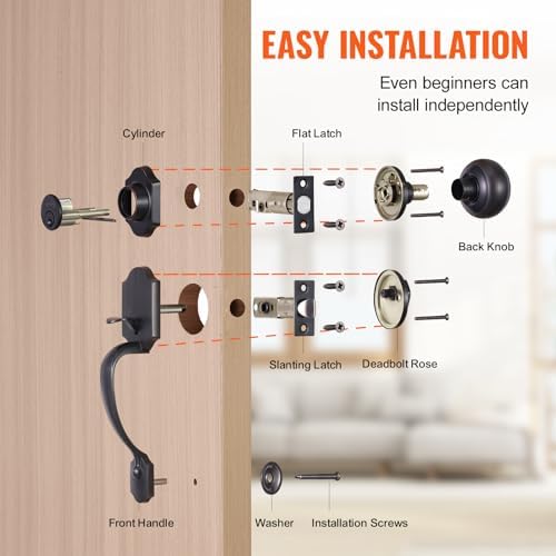 VEVOR Front Door Handle and Deadbolt Set, Front Door Lock Set with Interior Knob, Adjustable Hole Spacing Single Cylinder Handleset, for Right and Left Handed Entrance, Brushed Oil Rubbed Bronze