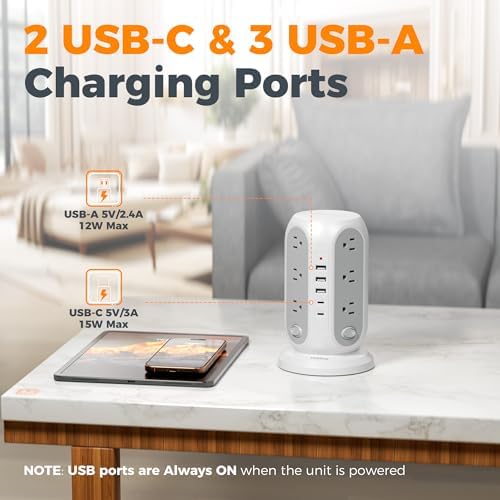 TESSAN Tower Power Strip Surge Protector, Flat Extension Cord 6 Ft, Grey