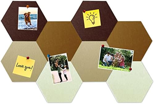 8 Pcs Hexagon Felt Cork Bulletin Board Tiles, Self Adhesive DIY Bulletin Board Pin Board for Office School Home Wall Decor Memos Photos Display (Gradual Brown)