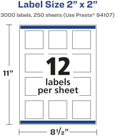 Avery® Matte White Square Labels, Sure Feed® Technology, 2" x 2", 3,000 Matte White Printable Labels