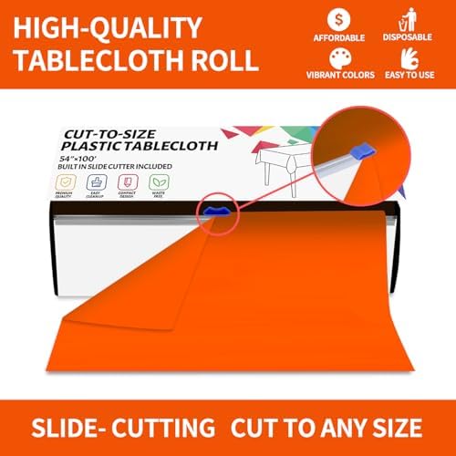 CXPSINC 54 Inch X 100 Feet Plastic Table Cover Roll Disposable Tablecloth with Slide Cutter for All Type/Shape Tables | Party, Banquet, Birthdays, Weddings(Orange, 100 Feet)
