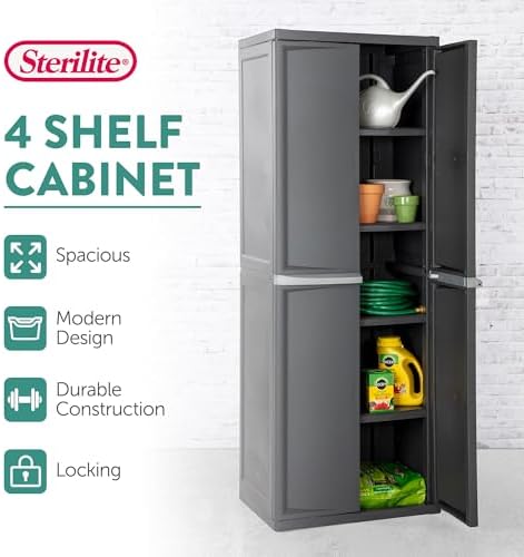 Sterilite 4 Shelf Cabinet, Lockable Utility Storage, Gray