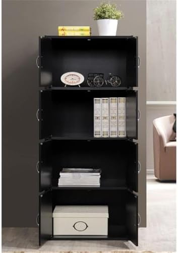 Pemberly Row 4 Shelf 8 Door Bookcase, 54.3 in H x 23.4 in W x 15.5 in D, Wood, Black Finish, Slim Multi-Purpose Organizer for Office, Bedroom, Living Room or Kids' Room