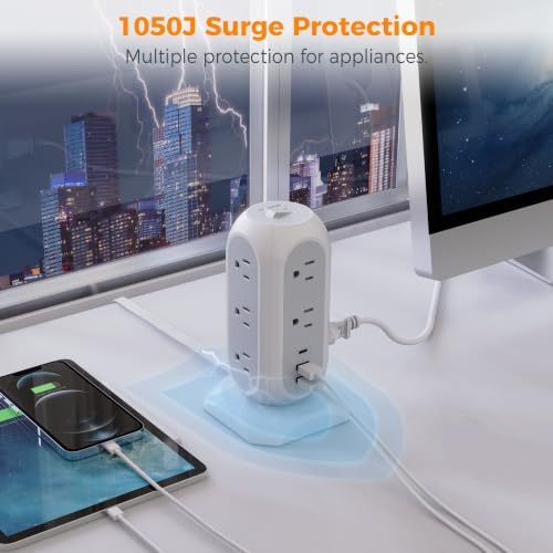 TESSAN Tower Power Strip Flat Plug with 1050J Surge Protection, 6 Ft, Grey