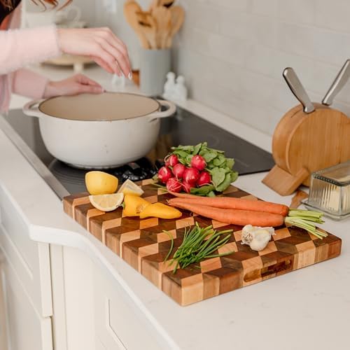 Handcrafted 3-D Checkered Acacia Wood Cutting Board - Reversible End Grain Large Butcher Block Cutting Board Serving Tray for Prep & Presentation - Multipurpose Wooden Charcuterie Board with Handles
