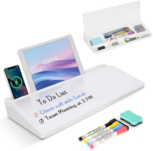 Desktop Glass Whiteboard with Storage, Desk Dry Erase White Board Stand