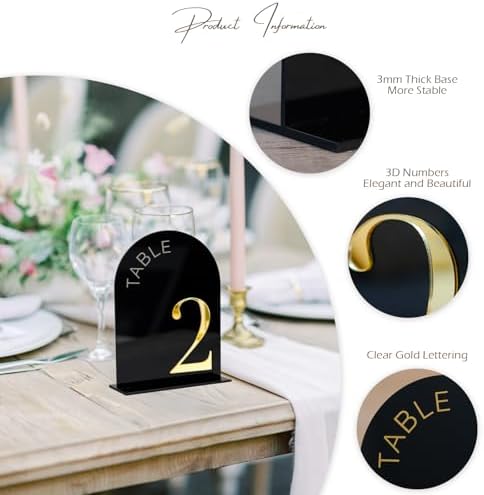 Black Arch Wedding Table Numbers 1-10, Gold Numbers and Stands