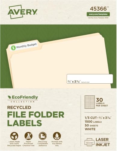 Avery EcoFriendly Recycled File Folder Labels, 2/3" x 3-7/16", White, Permanent Label Adhesive, 1,500 Printable Labels (45366) (Pack of 5)