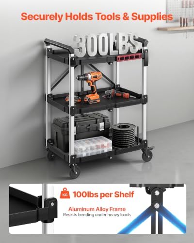 VEVOR 3 Shelf Heavy Duty Folding Jobsite Cart, 3 Tier Rolling Cart with Side Tool Holder & 360° Swivel Wheels (2 Brakes), 300 LBS Folding Utility Cart, Tool Storage for Garage Warehouse Workshop