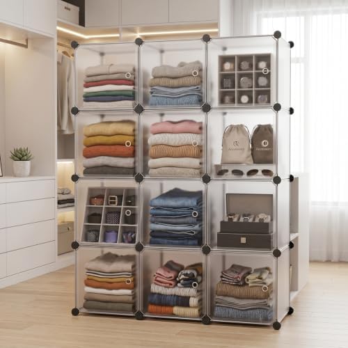 12-Cube Storage Organizer with Doors, Modular Closet Cabinet Storage Shelf, DIY Stackable Plastic Cube Bookshelf for Bed