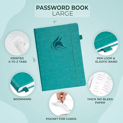 Clever Fox Password Book with Alphabetical Tabs, 7"x10" Keeper Aquamarine