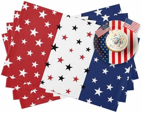 July 4th Placemats Set of 4- Red White Blue Heat Resistant Placemat Washable Cotton Linen Summer Table Mats Independence Day Party Holiday Decorations for Home Kitchen Dining Table Outdoor Indoor