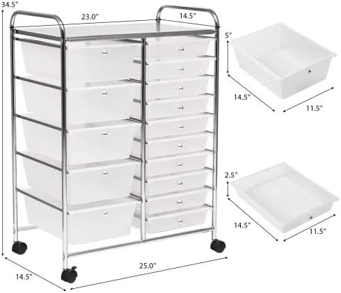 COSTWAY 15 Drawer Rolling Storage Cart, Mobile Utility Cart with Lockable Wheels, Drawers, Multipurpose Organizer Cart for Home, Office, School, Clear