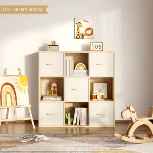 EXPERLAM 9 Cube Storage Organizer - Solid Wood Bookshelf with 5 Storage Bins, Cube Shelf with 3 Removable Back Panels, Vertical or Horizontal Bookcase, Open Book Shelf for Bedroom, Living Room, Office