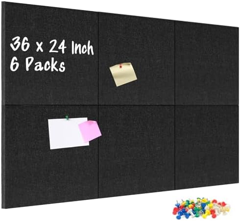 DOLLAR BOSS Felt Cork Board Tiles, 6 Pcs 12" x 12" Bulletin Board, Black