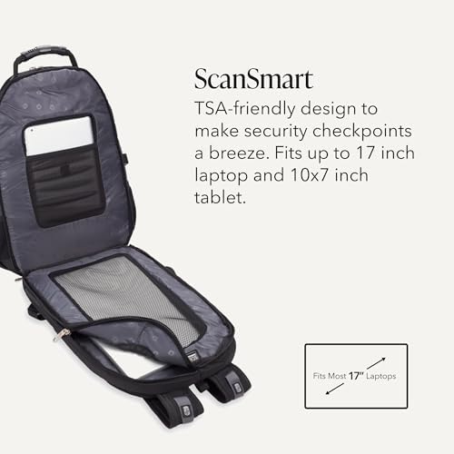 SWISSGEAR 1900 ScanSmart Laptop Backpack, Fits Most 17-Inch Laptops, TSA-Friendly Lay-Flat Design, RFID Protection, and Tablet Pocket, Black, 31L, 18.5-Inch