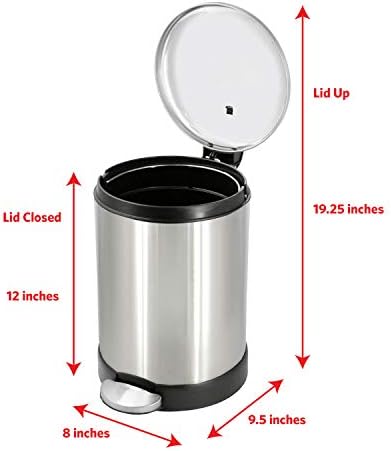 Glad Small Trash Can, 1.2 Gallon | Round Stainless Steel Garbage Bin with Soft Close Lid & Step Foot Pedal | Metal Waste Basket with Removable Inner Bucket, Stainless, 8 x 9.5 x 12 inches