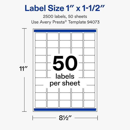 Avery® Matte White Rectangle Labels, 1" x 1.5", Sure Feed® Technology, Laser/Inkjet Printer Compatible, 2500 Printable Labels Total, Great for Branding, Packaging, and More
