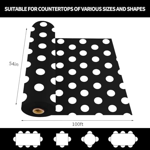 CXPSINC 54 Inch X 100 Feet Plastic Table Cover Roll Disposable Tablecloth with Slide Cutter for All Type/Shape Tables | Party, Banquet, Birthdays, Weddings(Black & White Dot, 100 Feet)