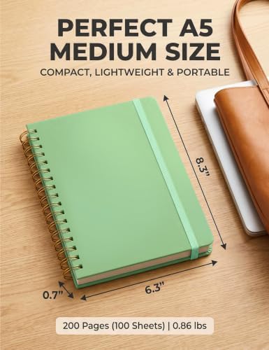 5 Pack Hardcover Spiral Notebooks, 8.3" x 6.3" Lined Journal Set, 100 GSM Bleed-Resistant Paper, 200 Pages Twin-Wire Bound Notebook with Elastic Band & Category Stickers for Office, School