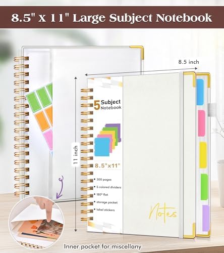 Spiral Notebook Journal with Removable Dividers Tabs, 300 Pages Hardcover Leather 5 Subject College Ruled Notebook, 8.5"x11" Large A4 Lined Journal for Women Men, Spiral Notebook for Work School,Beige