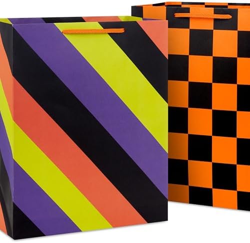 Hallmark Halloween Assorted Gift Bags Bulk - Black, Orange and Purple (12 Bags: 5 Medium 9", 4 Large 13", 3 Extra Large 15") Stripes, Polka Dots, Solids for Kids, Teachers, Birthdays