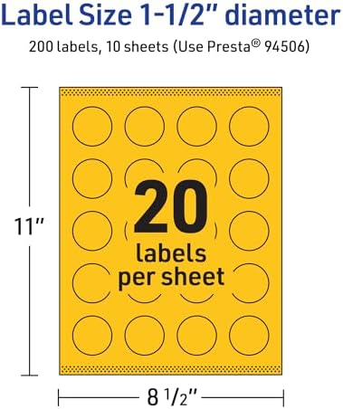Avery Printable Round Labels, Sure Feed Technology, 1-1/2" Diameter, Bright Yellow Labels, Print-to-The-Edge, Laser/Inkjet Printable, 200 Total, Great for Stickers and Candles