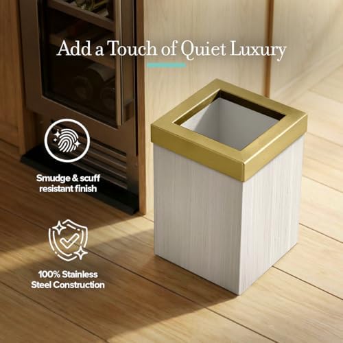 Gatco Small Bathroom Trash Can with Lid, Square 3 Gallon Wastebasket, Under Sink, White Oak with Brushed Brass, for Bathroom, Bedroom, Office (1936B)