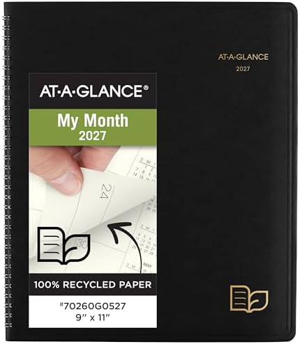 AT-A-GLANCE 2027 Planner, Monthly, 13-Month Jan-Jan, 9" x 11", Tabbed, Unruled Daily Blocks, Recycled Black (70260G0527)