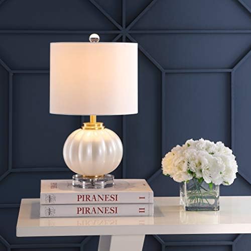 JONATHAN Y Pearl Glass Bedside Table Lamp Ribbed 17.5", White/Brass Gold
