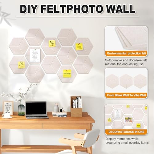 12-Pack Hexagon Cork Board Alternative for Walls Decor, 38.2" x 38.2" Large Felt Bulletin Board, with Pushpins, Damage-Free Adhesives, Thick Pin Board for Office, Home (Oatmeal)
