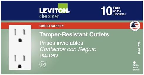 Leviton 15 Amp Decora Tamper-Resistant Duplex Electrical Wall Outlet, 10 Pack, T5325-WMP, White
