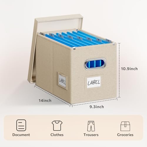 FHSQX 4Pack File Box with Lid, Beige, 14 x 9.3 x 10.9 in | File Organizer Box, Portable Hanging File Box, Decorative Filing Storage Boxes, For Office & Home File Cabinet