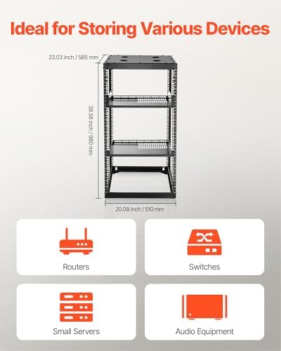 VEVOR 20U Server Rack, Open Frame Network Rack,4-Post Floor Standing or Wall Mounted, Includes 2PCS Vented 1U Rack Shelves & Mounting Hardware, Computer Wall Rack for 19" IT/AV Equipment