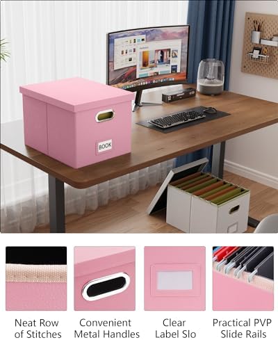 Oterri 2 Pack File Storage Organizer Box,Filing Box,Portable File Box with Lid,Fit for Letter/Legal File Folder Storage, Pink(Leather)-Box only