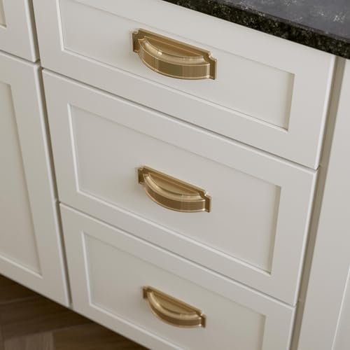 Franklin Brass 10 Pack Champagne Bronze Gold Cabinet Handles 3 inch or 3-3/4 inch (76mm or 96mm) Kitchen Cabinet Handles and Drawer Pulls for Cupboards and Dressers |Notched Backplate