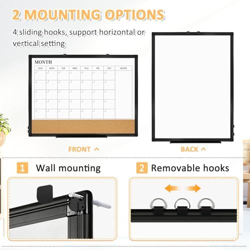 Monthly Dry Erase Calendar Whiteboard with Corkboard, 30" x 20", Black