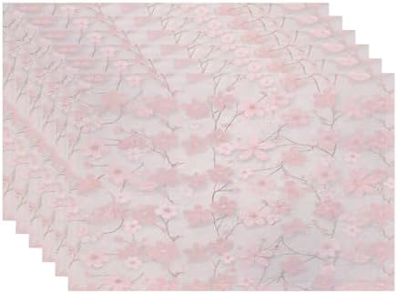 Batmerry Seamless Pink Cherry Blossoms Linen Placemats Set of 6, Vintage Floral On Light Pink Washable Table Mats for Kitchen Table Thickened Heat Insulation Dining Set Indoor Outdoor 12X18 in