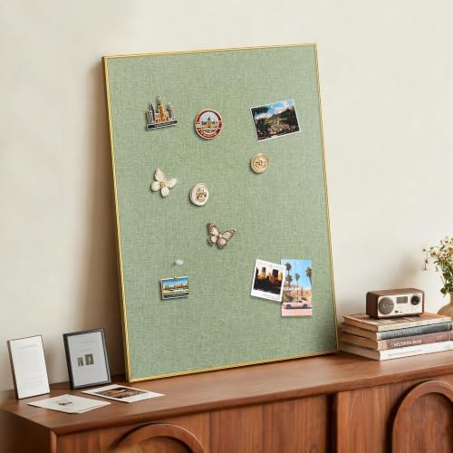 SELEAD Linen Bulletin Board 30” x 20” - Golden Aluminum Frame, Green Fabric