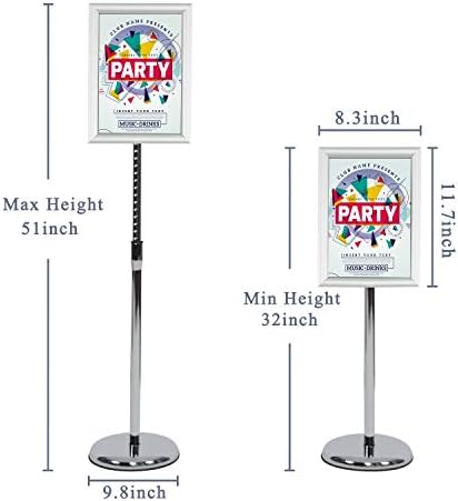 Pedestal Poster Sign Stand, Adjustable Aluminum 8.5 x 11 Floor Standing Sign Holder for Vertical and Horizontal View Sign Displayed, Silver