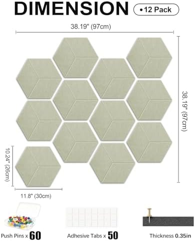 12-Pack Hexagon Cork Board Alternative for Walls Decor, 38.2" x 38.2" Large Felt Bulletin Board, with Pushpins, Damage-Free Adhesives, Thick Pin Board for Office, Home (Sage Green)