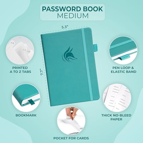 Clever Fox Password Book with Alphabetical Tabs, 5.3"x7.7" Keeper Turquoise