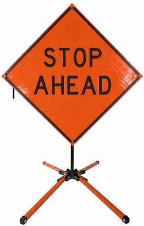Traffic Roll-Up Sign Kit with Stand – Collapsible Safety Sign & Heavy-Duty Portable Stand, High Visibility, Easy Setup (Stop Ahead, Reflective)