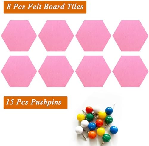 8 Pcs Hexagon Felt Cork Bulletin Board Tiles, Self Adhesive DIY Bulletin Board Pin Board for Office School Home Wall Decor Memos Photos Display(Bright Pink)