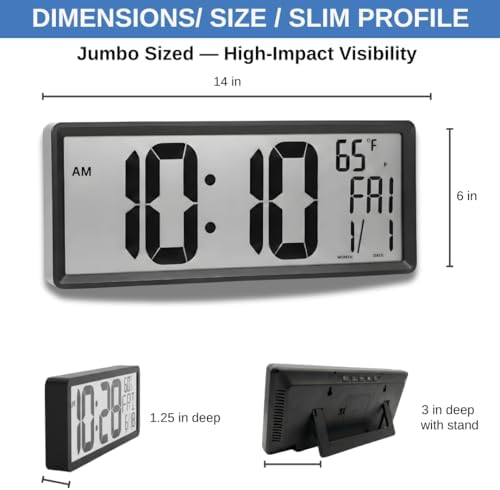 Wall Clock – 14" Atomic Digital Wall Clock with Extra-Large 4.5" Time Display | Battery Operated, Radio Controlled with Automatic Daylight Saving Time | Temperature, Date & Dual Alarms