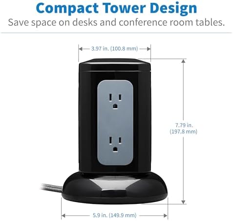 Tripp Lite TLP606UCTOWER Charging Tower Power Strip Surge Protector & Charging Station with USB Ports, 1800 Joules, 6 Outlets, 3 USB-A + 1 USB-C, 8ft Cord, Dorm Room Essentials Desk Accessory