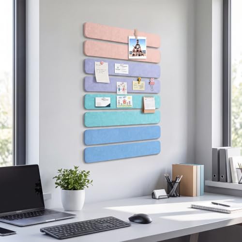 Thboxes 8 Pack Felt Bulletin Board Strips, 13x2 Inch Self Adhesive Felt Pin Boards with 50 Pushpins and 10 Wooden Clips Push Pins, Cork Board for Walls Home Office Decor(Soft Macaron)