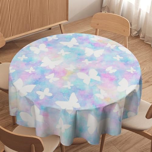 Rainbow Butterfly Tablecloth, Colorful Pink Blue White Butterflies Cartoon Print Table Cover for Farmhouse Kitchen Dining Room Table Decor, 60x60in